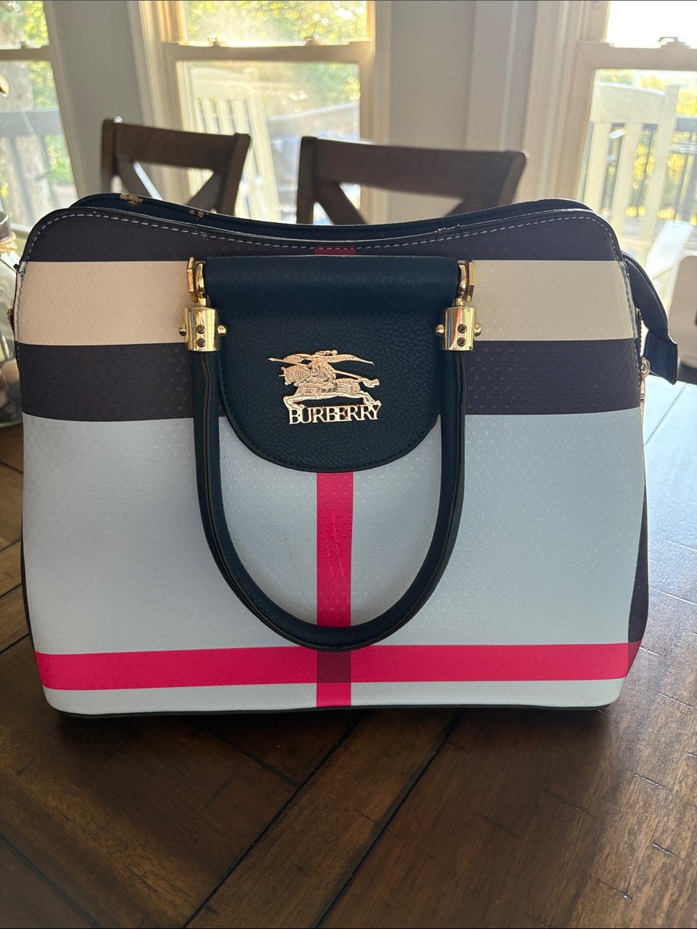 Navy, White and Pink Stripe Fashion Top-Handle Bag